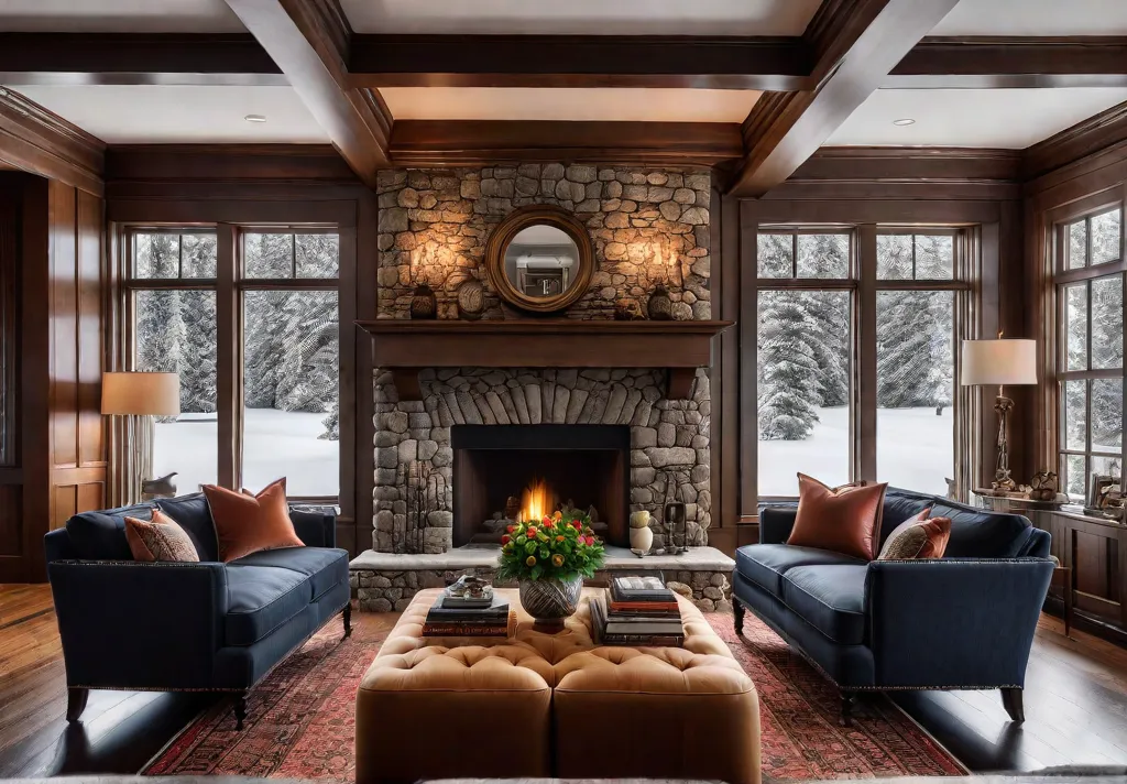 A captivating living room centered around a traditional stone fireplace with afeat