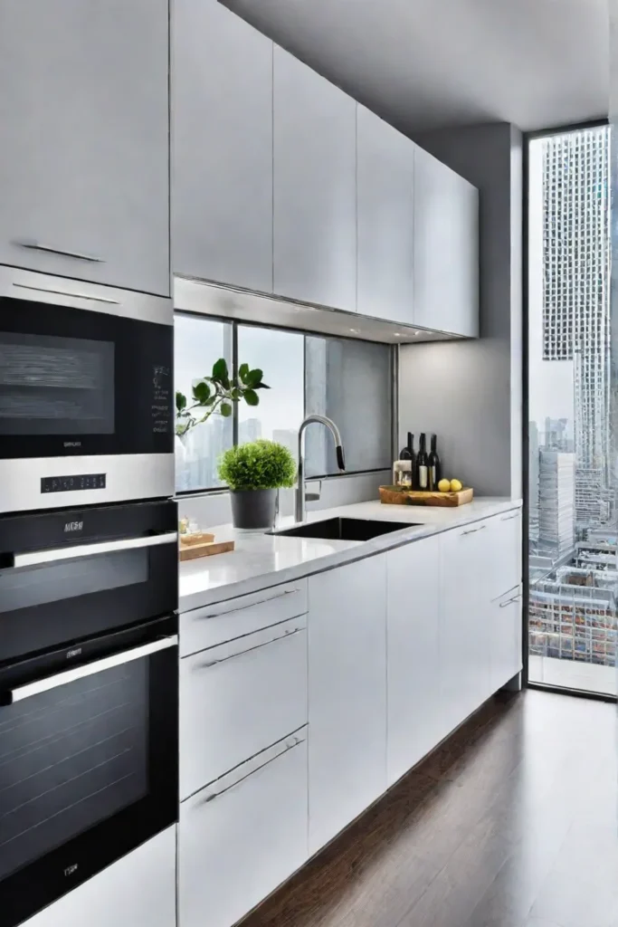 A compact kitchen with a singlebowl sink dishwasher drawer and open shelves