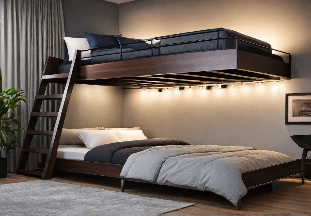 A cozy and functional apartment bedroom with a loft bed and builtinfeat