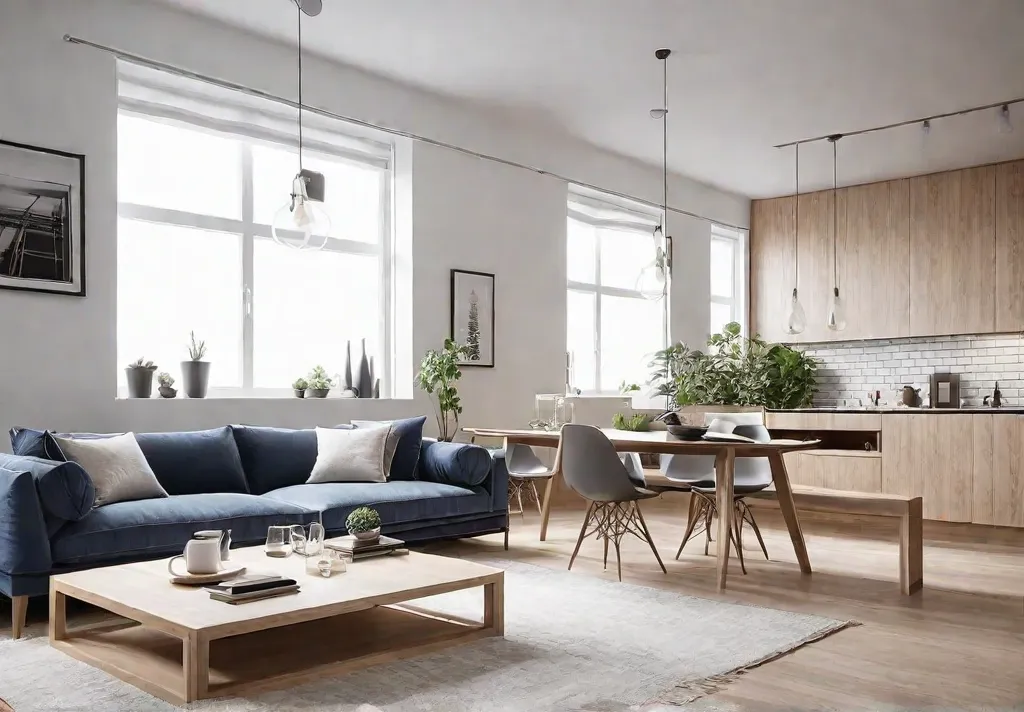 A cozy and functional apartment with multipurpose furniture such as a sofafeat
