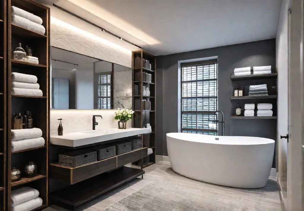 A cozy and functional bathroom with wallmounted shelves and tall storage unitsfeat