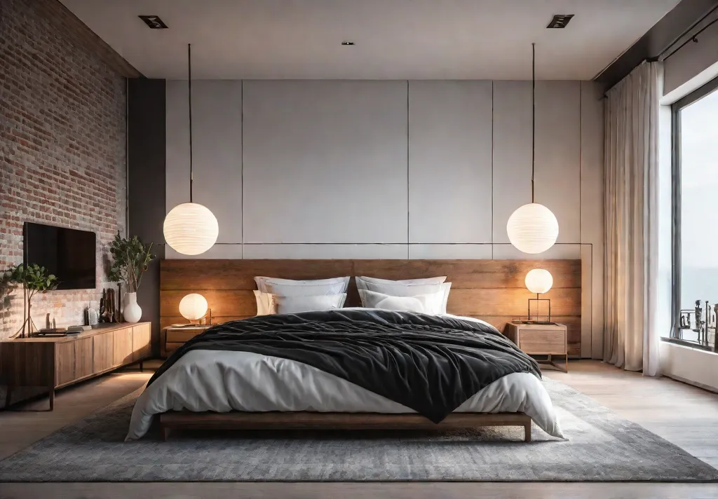 A cozy and inviting apartment bedroom with a minimalist aesthetic featuring afeat