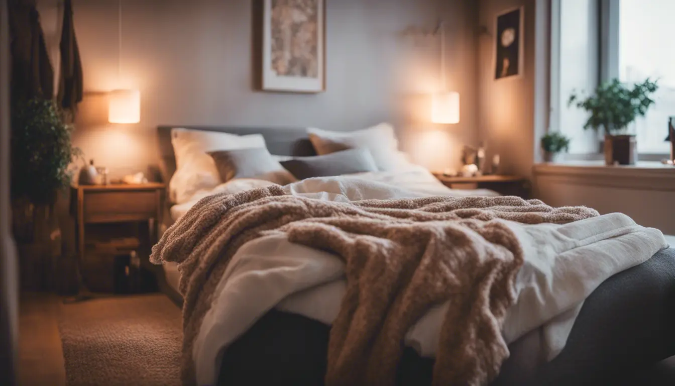 A cozy and inviting apartment bedroom with warm lighting, soft textiles, and a comfortable bed.