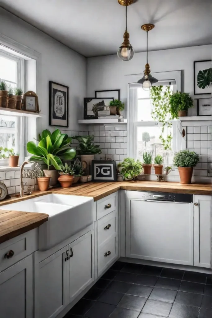 A cozy and personalized kitchen with a gallery wall potted plants and