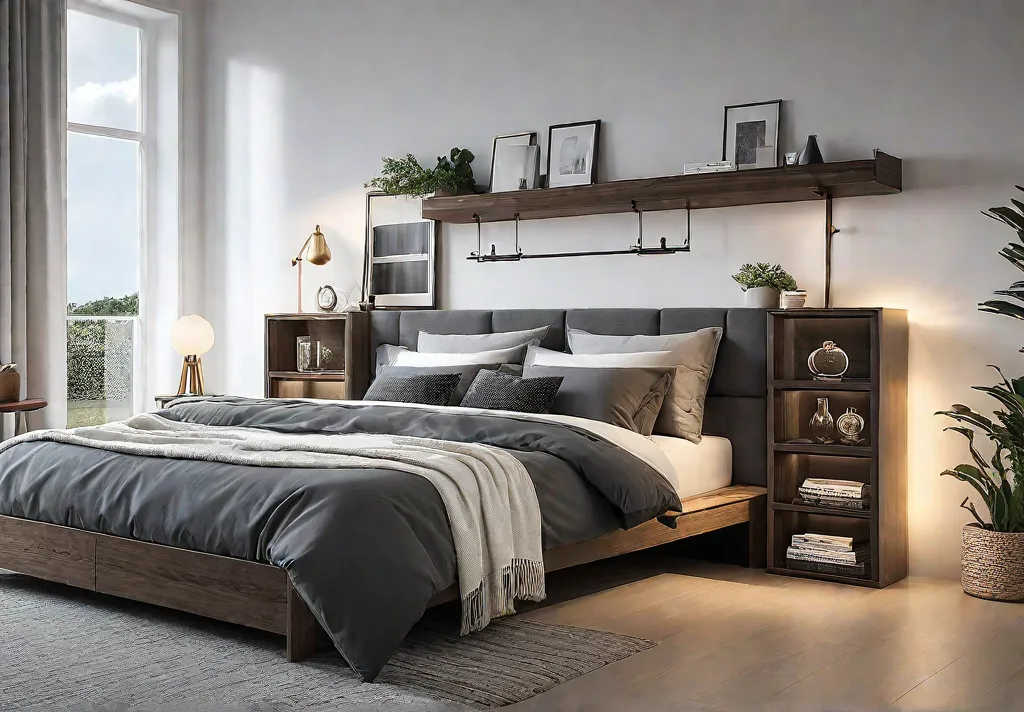A cozy apartment bedroom with a multifunctional bed frame that incorporates storagefeat