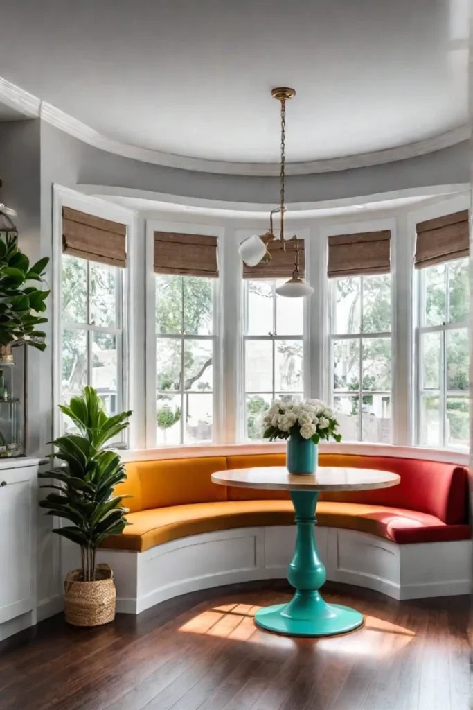 A cozy kitchen nook with a builtin banquette and open shelving maximizing