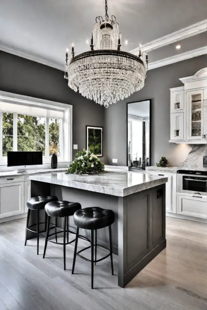 A crystal chandelier adds elegance and sophistication to a kitchen