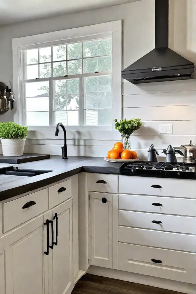 A farmhousestyle kitchen featuring refreshed cabinets and a DIY shiplap backsplash creating