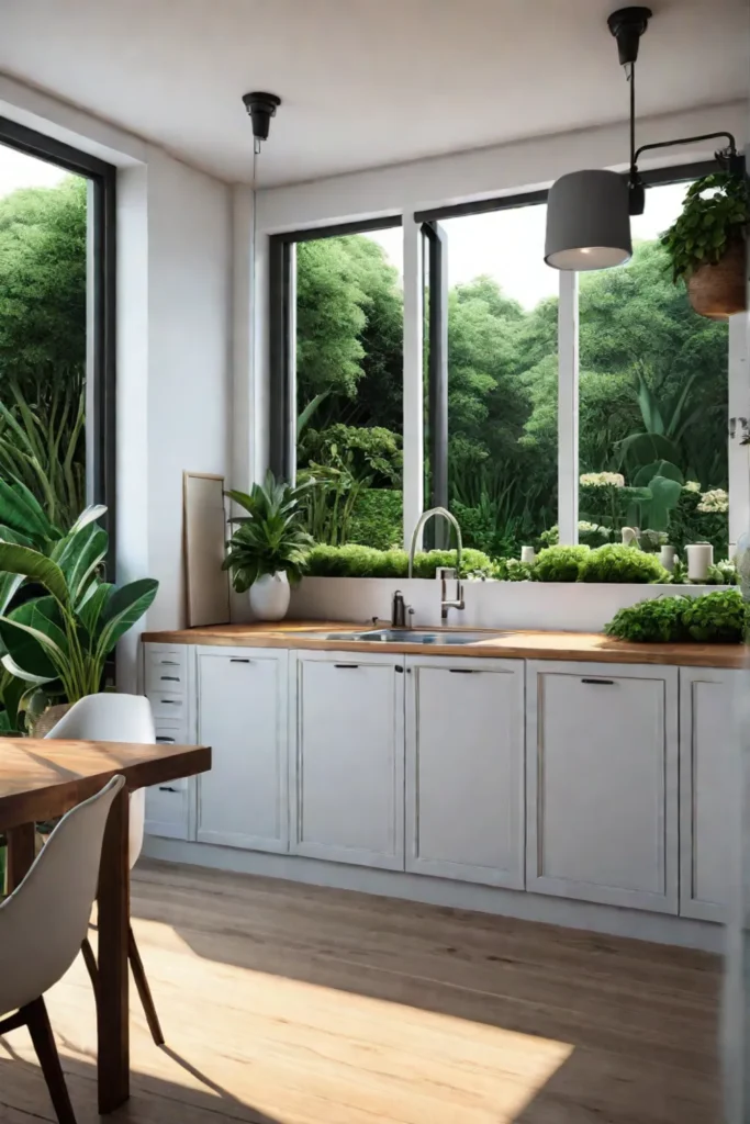 A kitchen filled with greenery including potted plants and a herb garden