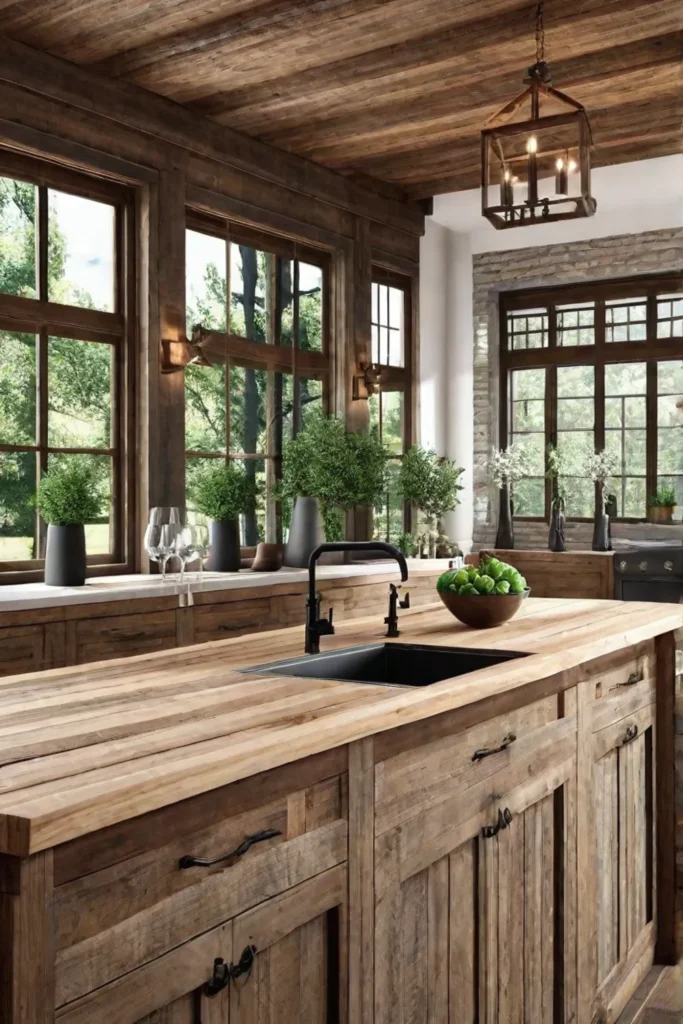 A kitchen with a beautiful rusticchic aesthetic featuring reclaimed wood countertops and