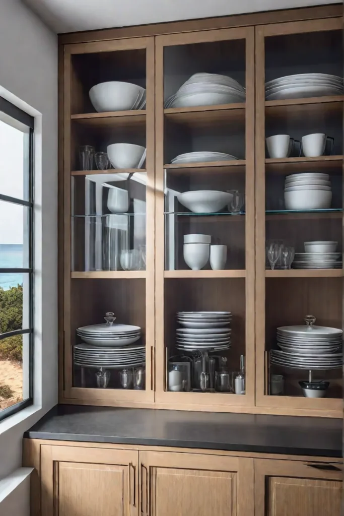 A kitchen with a mix of open and closed storage featuring glassfront