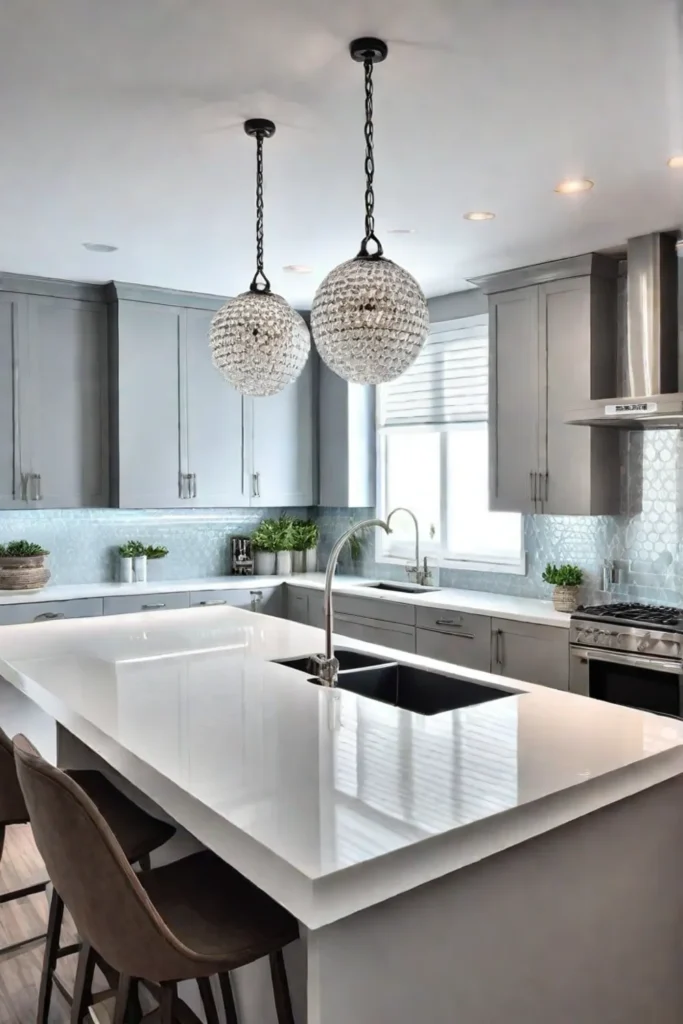 A kitchen with light gray walls white cabinets and a mirrored backsplash