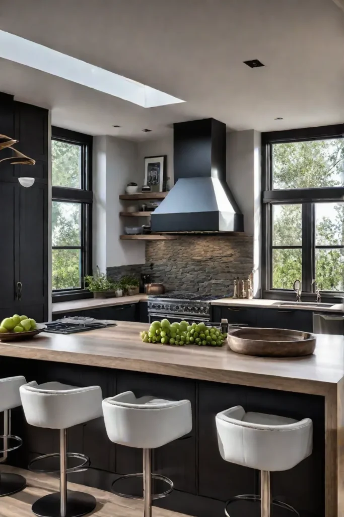 A kitchen with wood cabinets countertops and a stone backsplash