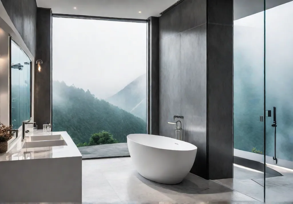 A luxurious modern bathroom featuring a frameless glass shower enclosure with chromefeat