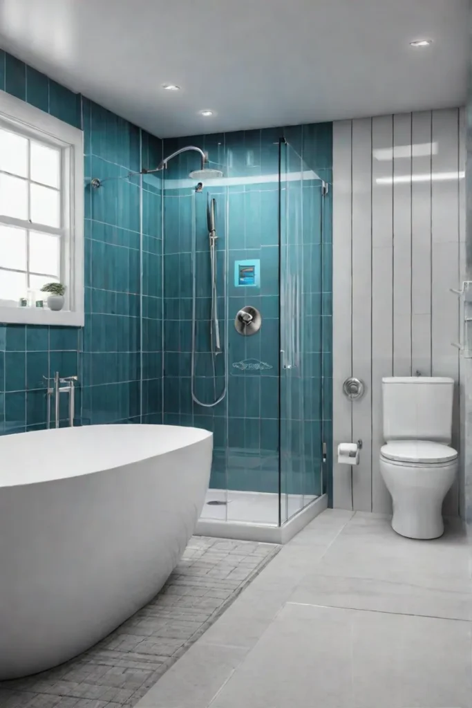 A minimalist bathroom designed with accessibility features for safety and comfort