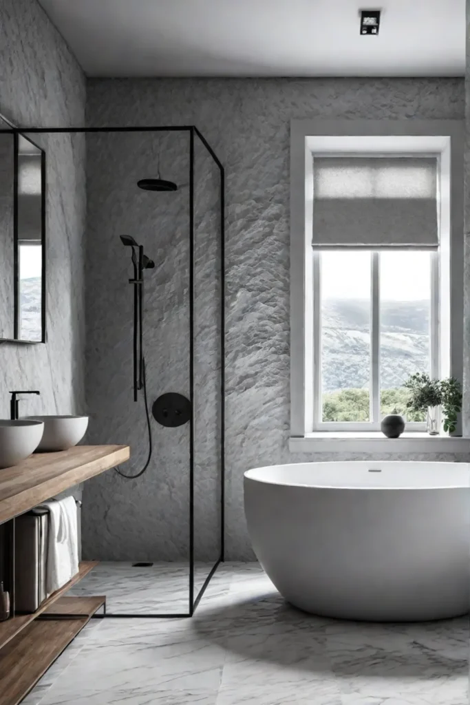 A minimalist bathroom emphasizing contrasting textures for visual interest
