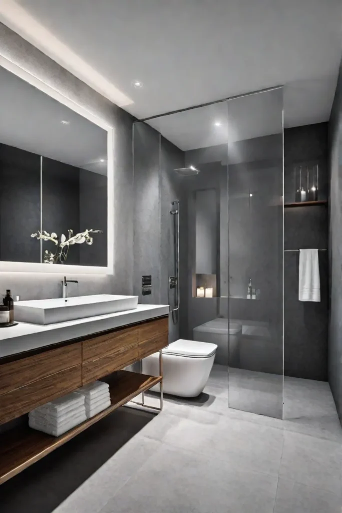 A minimalist bathroom prioritizing functionality and organization