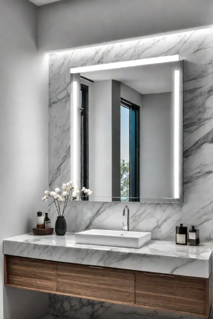 A minimalist bathroom showcasing a floating vanity and marble walls