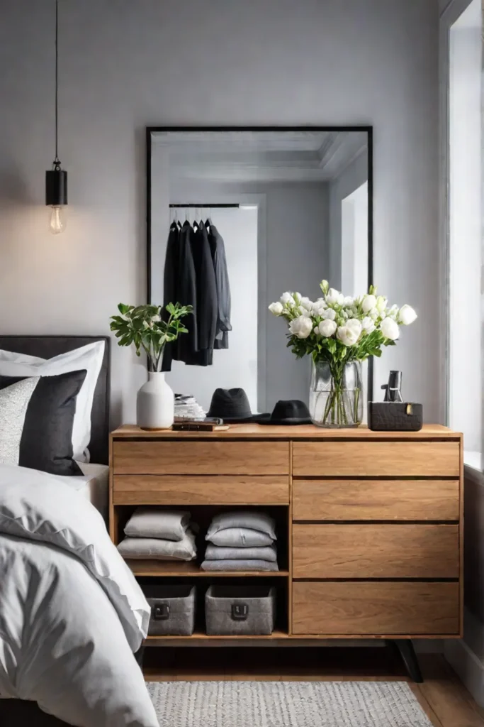 A minimalist bedroom with a decluttered dresser