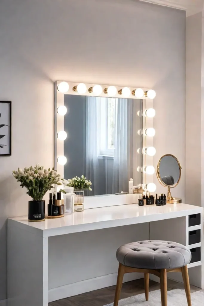 A minimalist bedroom with a decluttered vanity area