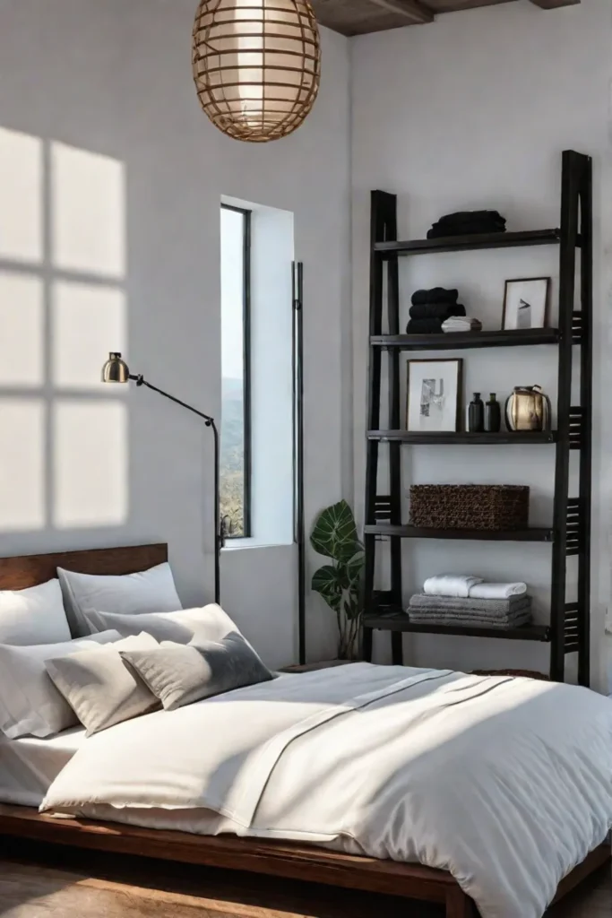 A minimalist bedroom with a ladder shelf