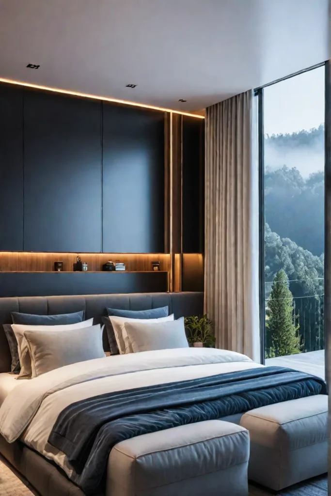 A minimalist bedroom with a storage ottoman