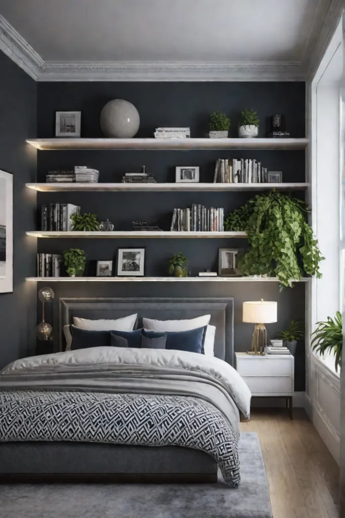 A minimalist bedroom with builtin shelves above the bed