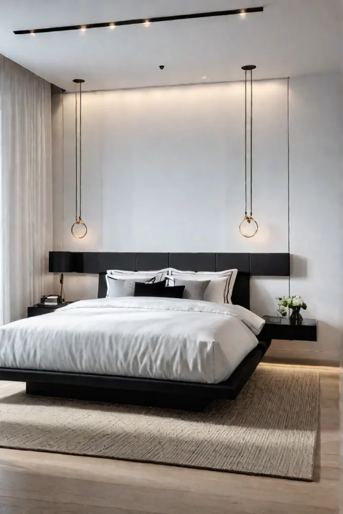 A minimalist bedroom with floating nightstands and pendant lights
