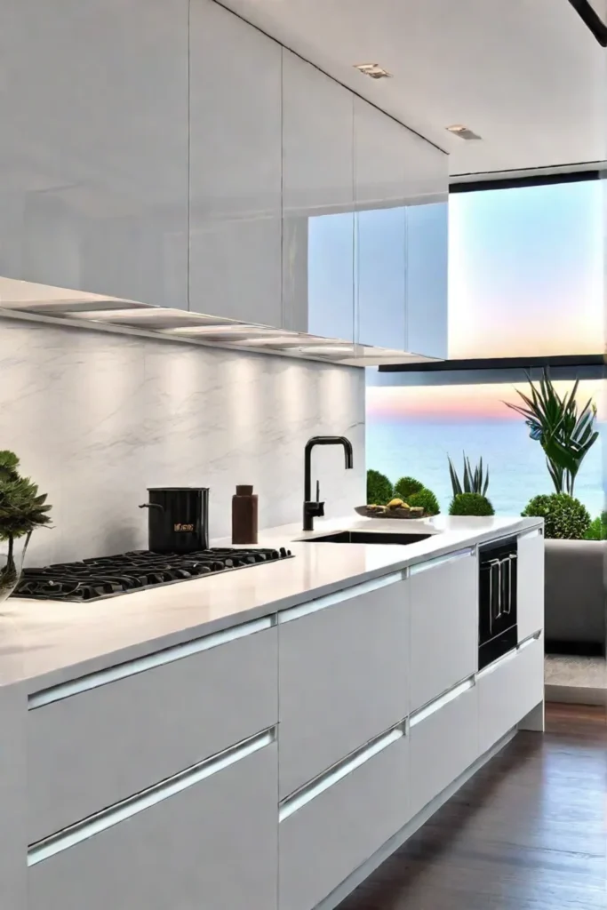 A minimalist kitchen with a focus on clean lines and functionality featuring