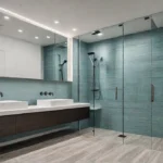 A modern accessible bathroom with a spacious walkin shower featuring a builtinfeat