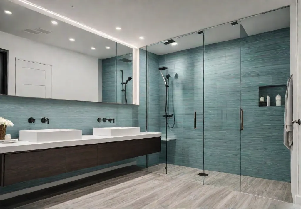 A modern accessible bathroom with a spacious walkin shower featuring a builtinfeat