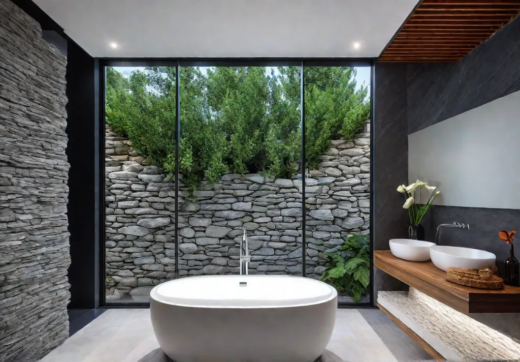 A modern bathroom with a freestanding bathtub against a backdrop of afeat