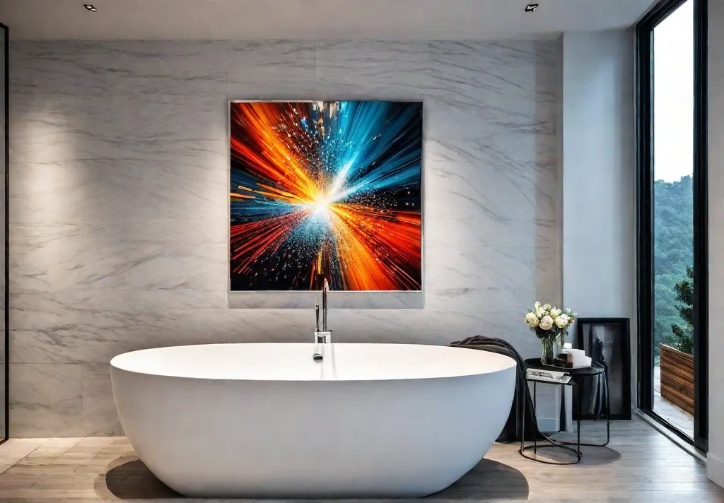 A modern bathroom with a large abstract painting hanging above the bathtubfeat