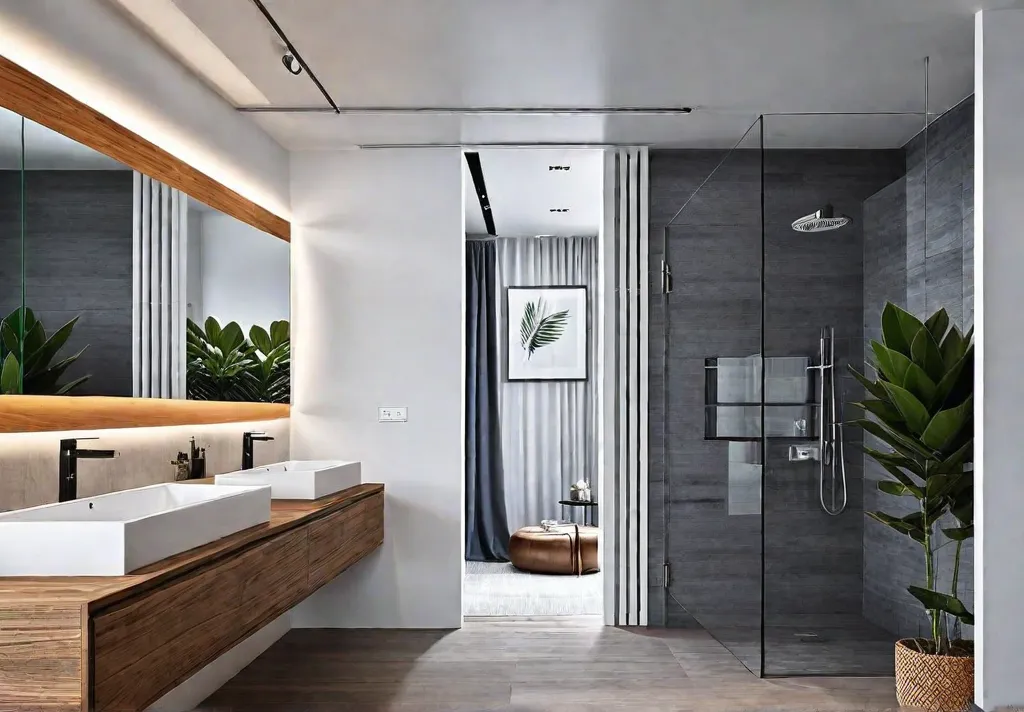 A modern bathroom with a large framed abstract artwork hanging above thefeat