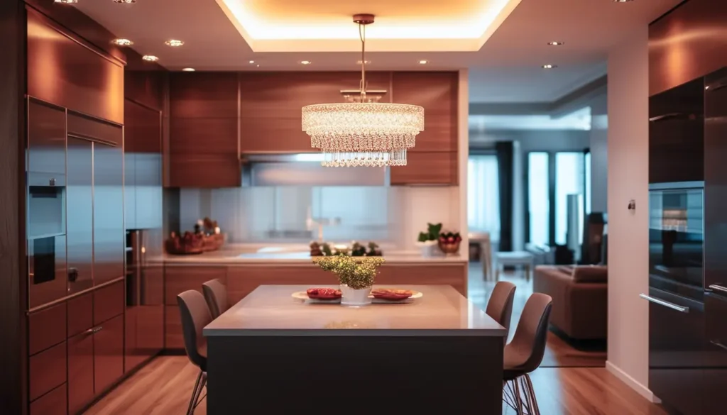 A modern kitchen bathed in warm, inviting light from recessed ceiling fixtures