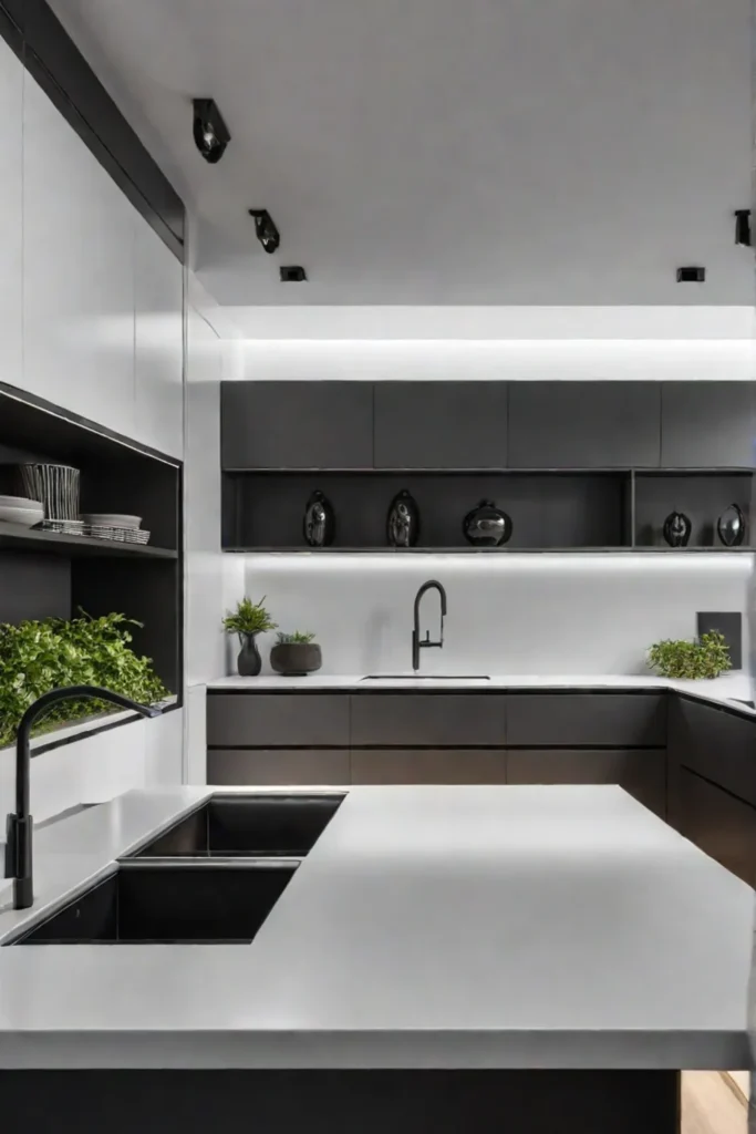A modern kitchen designed for optimal organization and storage with a mix