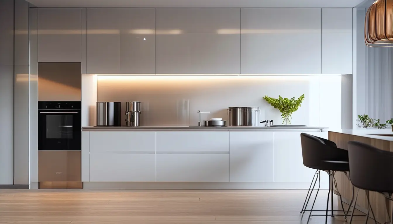 A modern kitchen featuring sleek, handleless cabinetry in a minimalist design with flat panel doors