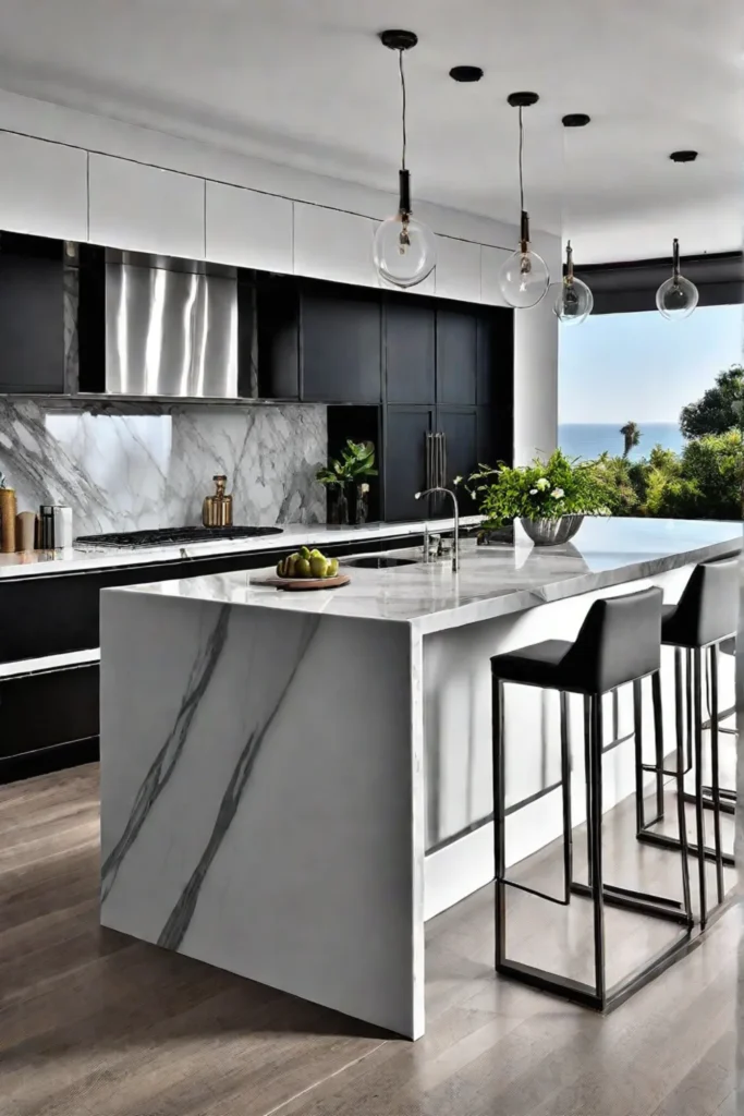 A modern kitchen with a minimalist design featuring a statement lighting fixture