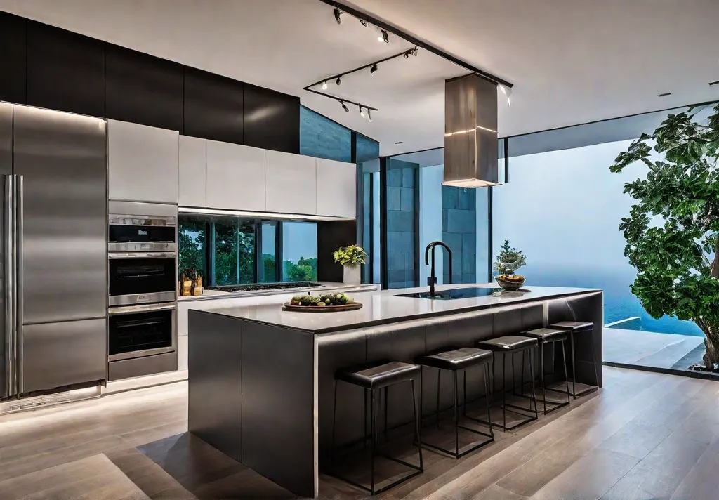 A modern kitchen with a sleek and minimalist design featuring integrated smartfeat