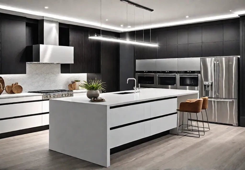 A modern kitchen with an openconcept layout featuring a large island withfeat