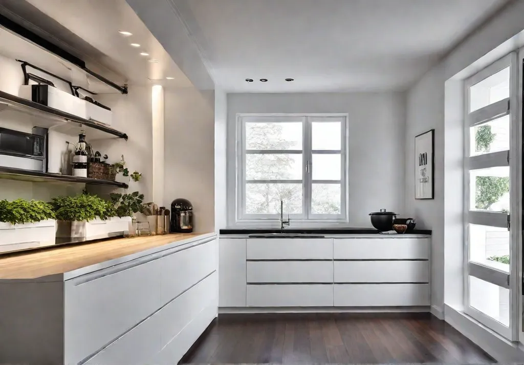 A modern kitchen with sleek white cabinets and drawers featuring pullout shelvesfeat