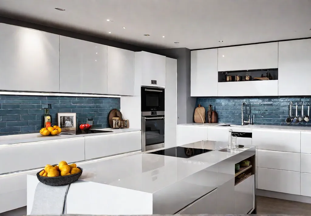 A modern kitchen with sleek white cabinets featuring pullout shelves and afeat
