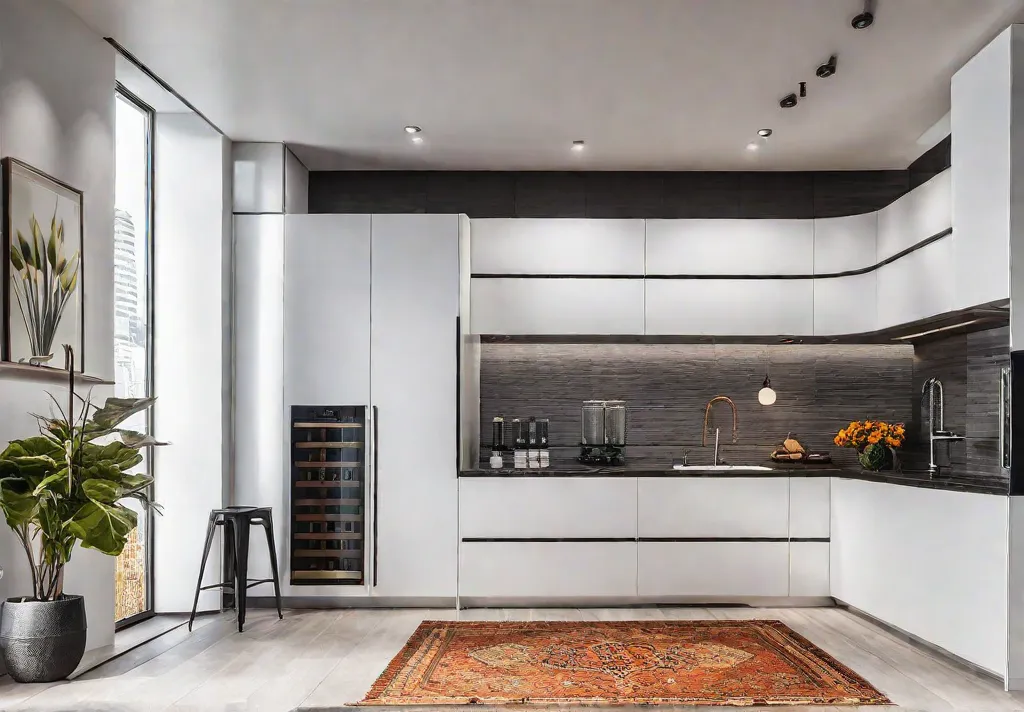 A modern kitchen with tall white cabinets reaching up to the ceilingfeat