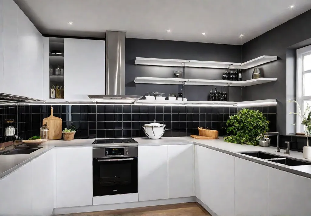 A modern kitchen with white cabinets featuring adjustable shelves allowing for flexiblefeat