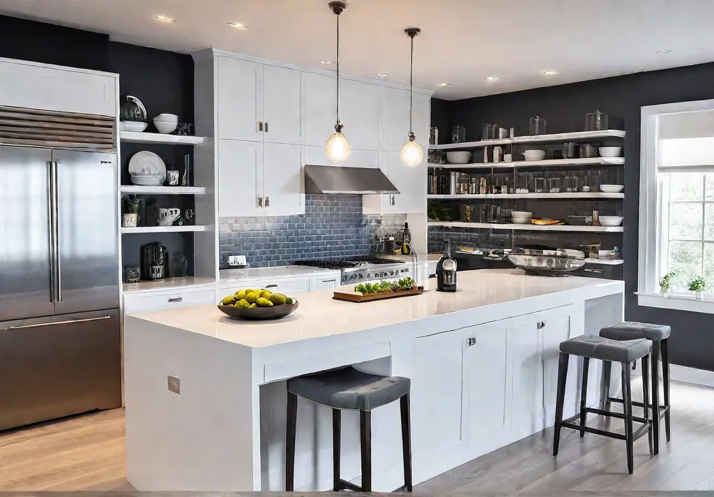 A modern kitchen with white shakerstyle cabinets featuring pullout shelves and undercabinetfeat