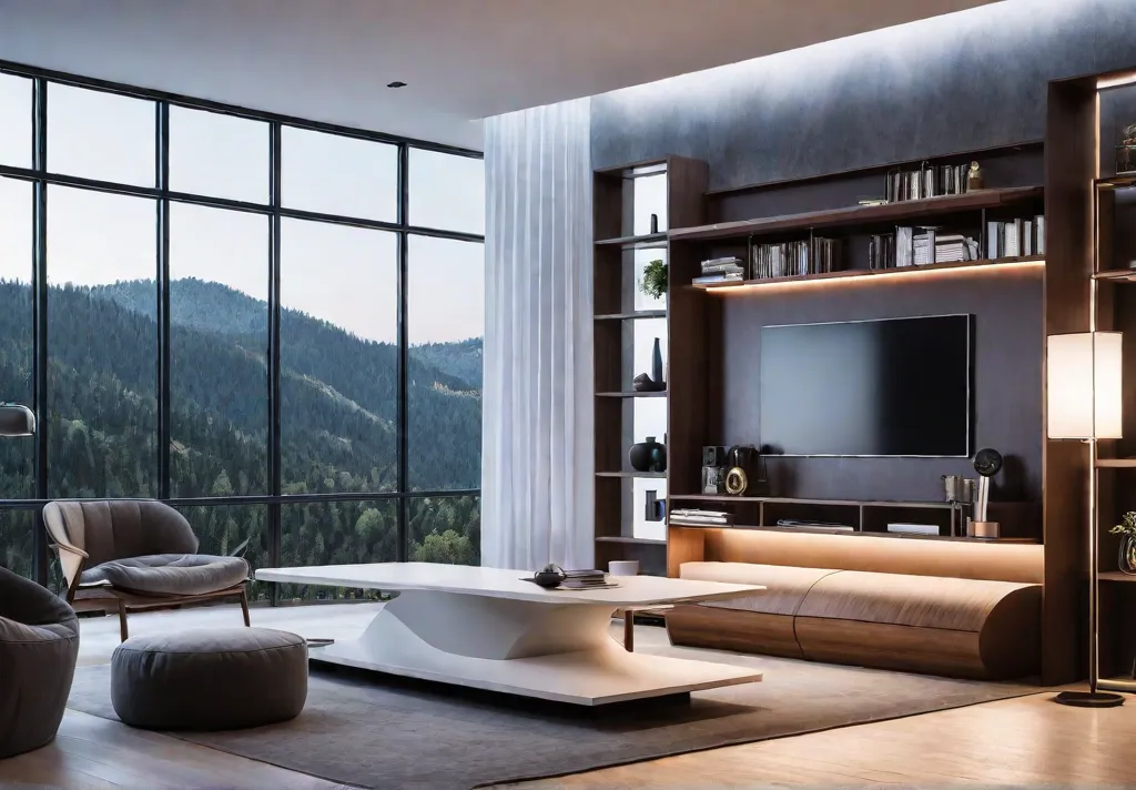 A modern living room with multifunctional furniture including a sofa that transformsfeat