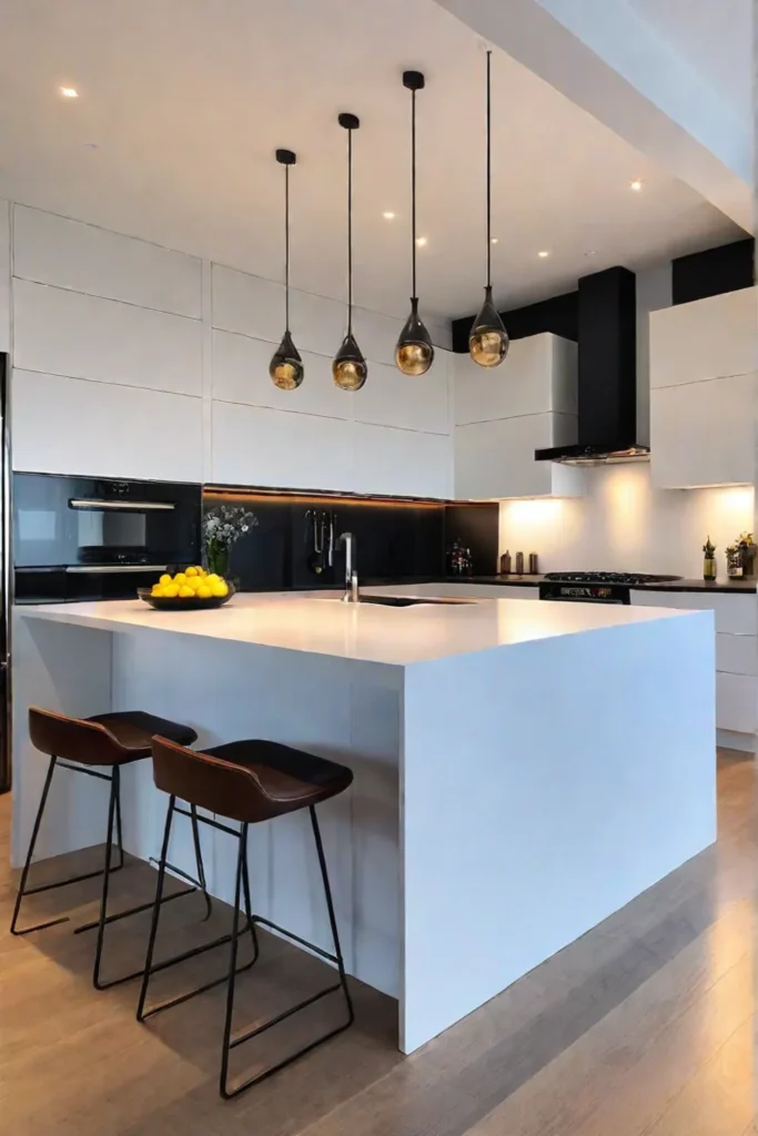 A modern minimalist kitchen with a set of stylish budgetfriendly pendant lights