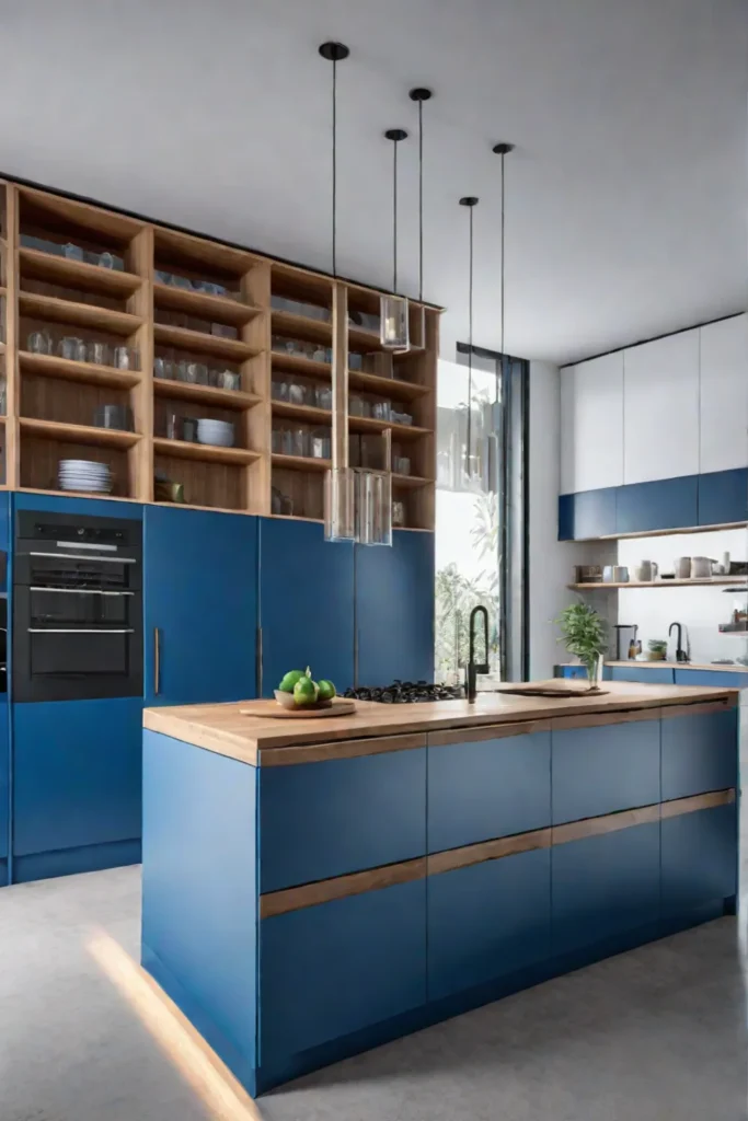 A modern wellorganized kitchen with blue cabinets natural wood elements and ample