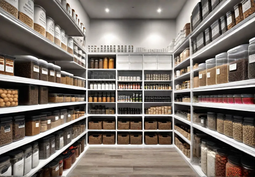 A pantry with floortoceiling shelves overflowing with an assortment of dry goodsfeat