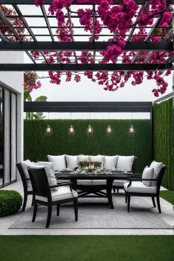 A patio design that seamlessly blends elegant furnishings with lush natureinspired elements